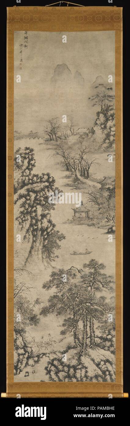 Landscapes of the Four Seasons. Artist: Xie Shichen (Chinese, 1487-ca. 1567). Culture: China. Dimensions: Image (a): 126 3/8 x 37 in. (321 x 94 cm)  Image (b): 127 1/4 x 36 7/8 in. (323.2 x 93.7 cm)  Image (c): 126 3/4 x 36 7/8 in. (321.9 x 93.7 cm)  Image (d): 126 7/8 x 36 7/8 in. (322.3 x 93.7 cm)  Overall with mounting (b): 141 3/4 x 42 3/8 in. (360 x 107.6 cm). Date: dated 1560.  These two paintings belong to a set of enormous landscapes depicting the four seasons. They are all similarly composed, with large figures at the bottom and towering mountains above. Each season has its own narrat Stock Photo