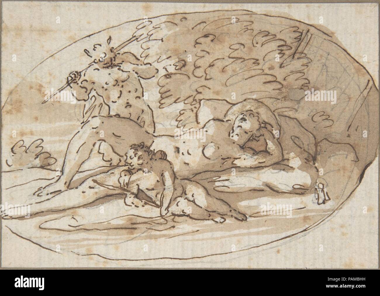 Design for a Vignette with a Nymph Surprised by a Satyr. Artist: Anonymous, French, 17th century. Dimensions: 2 5/8 x 4 in.  (6.7 x 10.2 cm) - oval shape. Date: second half 17th century. Museum: Metropolitan Museum of Art, New York, USA. Stock Photo