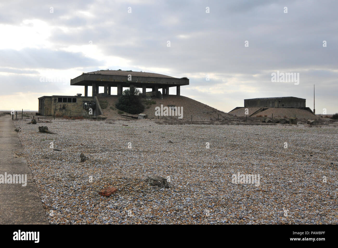 Orford Ness, Suffolk UK. 14th October, 2011.  The Atomic Weapons Research Establishment (AWRE) at Orford Ness in Suffolk, England. It was used to test ordinance from WWI through to the Cold War. The pagoda's were designed to test Britain's first atomic bomb, the Blue Danube. The buildings had concrete roofs that were covered with sand and stones that were designed to collapse if an explosion took place, covering the main blast. At no point was a nuclear warhead used during the testing of the atomic weapons at this facility. Pic taken 14/10/2011. Credit: Michael Scott/Alamy Live News Stock Photo