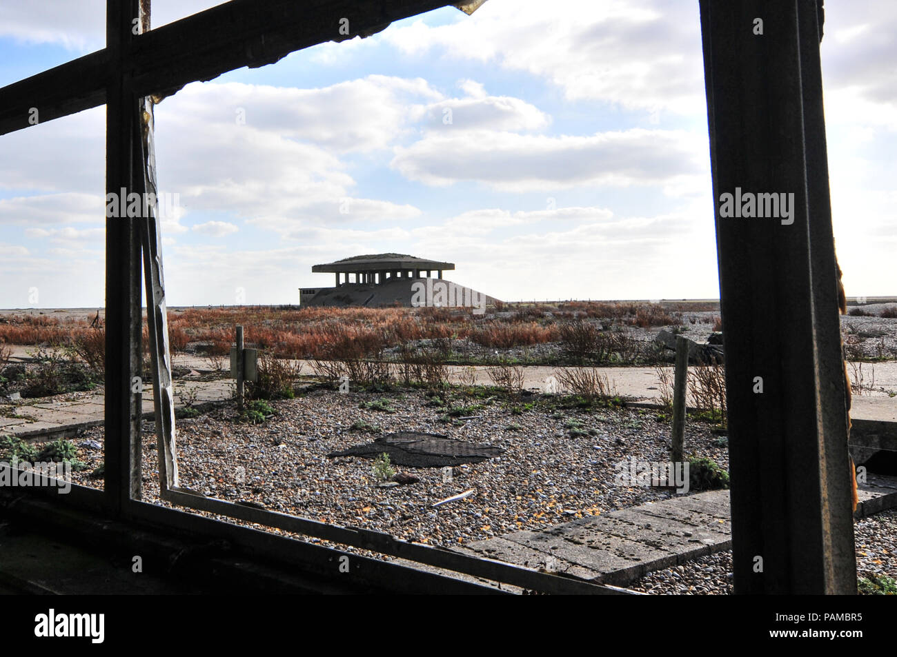 Orford Ness, Suffolk UK. 14th October, 2011.  The Atomic Weapons Research Establishment (AWRE) at Orford Ness in Suffolk, England. It was used to test ordinance from WWI through to the Cold War. The pagoda's were designed to test Britain's first atomic bomb, the Blue Danube. The buildings had concrete roofs that were covered with sand and stones that were designed to collapse if an explosion took place, covering the main blast. At no point was a nuclear warhead used during the testing of the atomic weapons at this facility. Pic taken 14/10/2011. Credit: Michael Scott/Alamy Live News Stock Photo