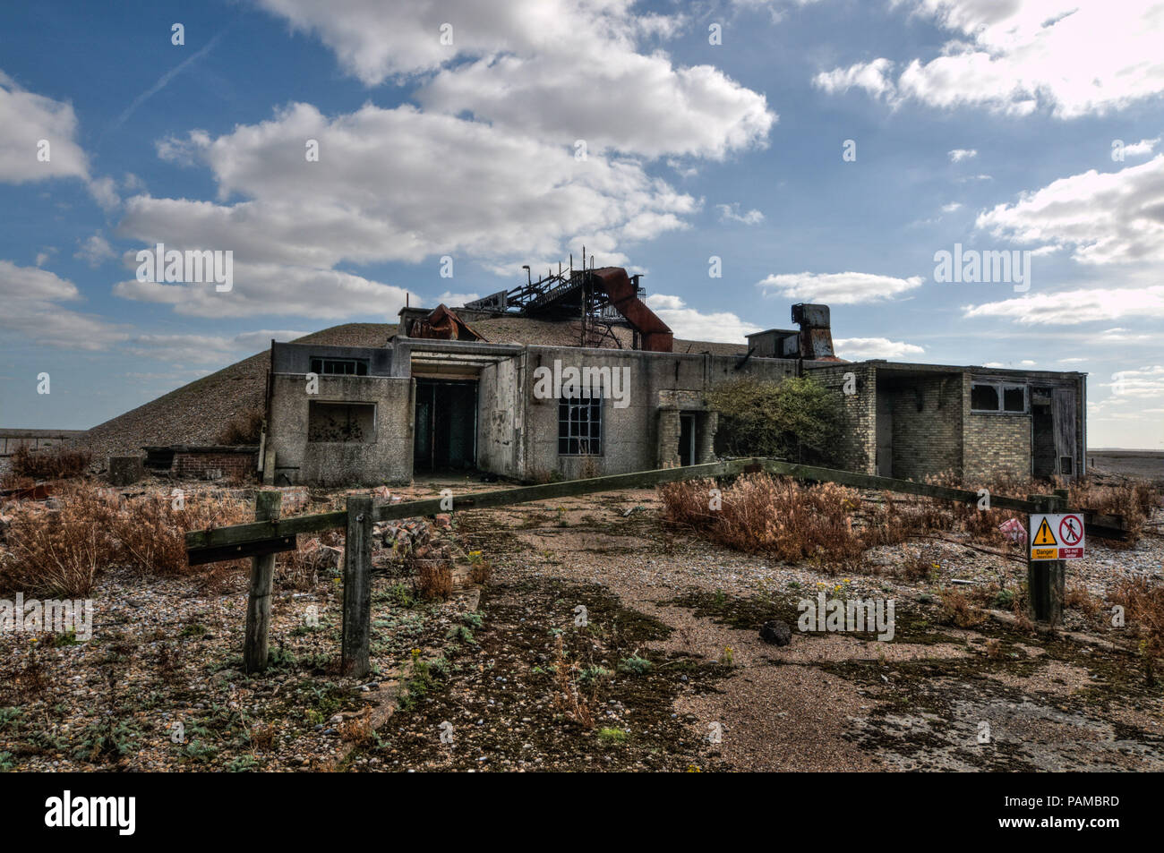 Orford Ness, Suffolk UK. 14th October, 2011.  The Atomic Weapons Research Establishment (AWRE) at Orford Ness in Suffolk, England. It was used to test ordinance from WWI through to the Cold War. The pagoda's were designed to test Britain's first atomic bomb, the Blue Danube. The buildings had concrete roofs that were covered with sand and stones that were designed to collapse if an explosion took place, covering the main blast. At no point was a nuclear warhead used during the testing of the atomic weapons at this facility. Pic taken 14/10/2011. Credit: Michael Scott/Alamy Live News Stock Photo