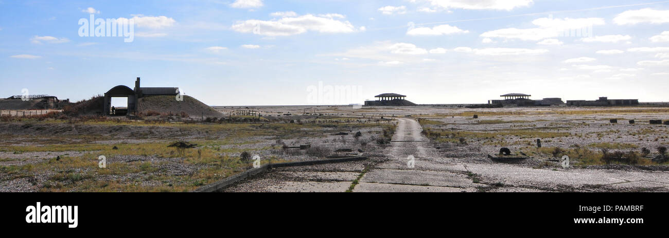 Orford Ness, Suffolk UK. 14th October, 2011.  The Atomic Weapons Research Establishment (AWRE) at Orford Ness in Suffolk, England. It was used to test ordinance from WWI through to the Cold War. The pagoda's were designed to test Britain's first atomic bomb, the Blue Danube. The buildings had concrete roofs that were covered with sand and stones that were designed to collapse if an explosion took place, covering the main blast. At no point was a nuclear warhead used during the testing of the atomic weapons at this facility. Pic taken 14/10/2011. Credit: Michael Scott/Alamy Live News Stock Photo