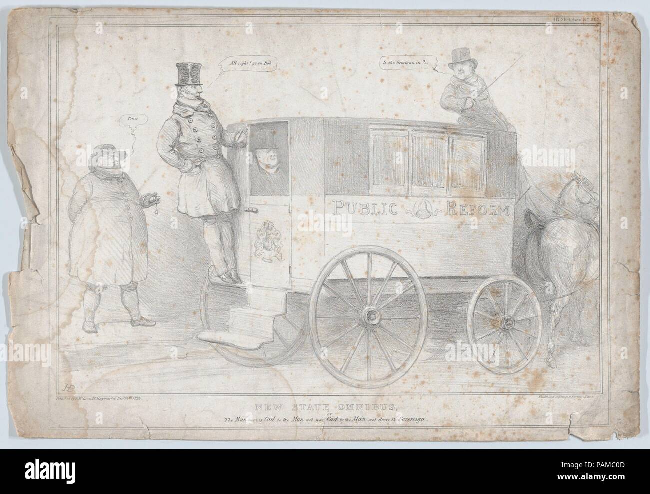 New State Omnibus, or, The Man wot is Cad to the Man wot was Cad to the Man wot drove the Sovereign. Artist: John Doyle (Irish, Dublin 1797-1868 London). Dimensions: Sheet: 11 3/4 × 17 5/16 in. (29.8 × 43.9 cm). Lithographer: Ducôte and Stephen (British, active 1830-40). Publisher: Thomas McLean (British, active London 1788-1885). Series/Portfolio: HB Sketches, No. 363. Subject: William IV, King of the United Kingdom of Great Britain and Ireland (British, 1765-1837); Arthur Wellesley, 1st Duke of Wellington (British, 1769-1852); Sir Robert Peel (British, Bury, 1788-1850). Date: December 24, 18 Stock Photo