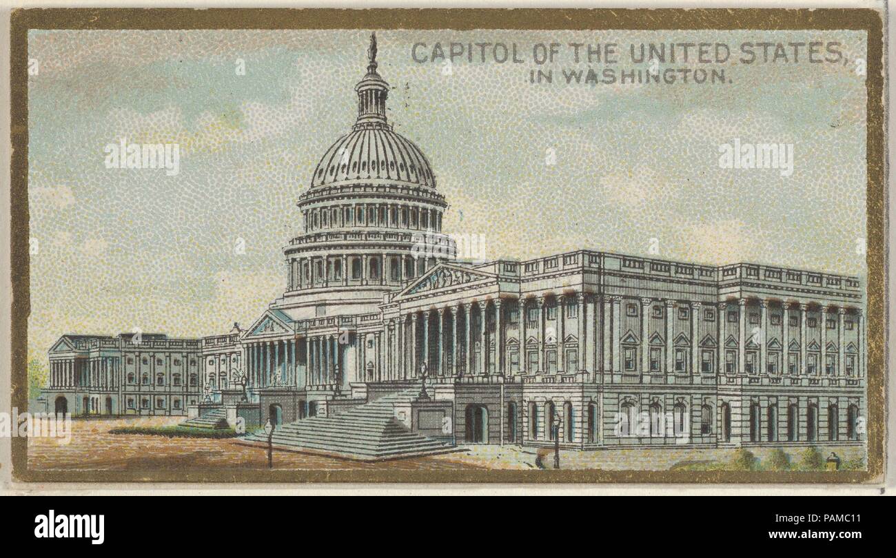 Capitol of the United States in Washington, from the General Government and State Capitol Buildings series (N14) for Allen & Ginter Cigarettes Brands. Dimensions: Sheet: 1 1/2 x 2 3/4 in. (3.8 x 7 cm). Lithographer: The Gast Lithograph & Engraving Company (American, New York). Publisher: Issued by Allen & Ginter (American, Richmond, Virginia). Date: 1889.  Trade cards from the 'General Government and State Capitol Buildings' series (N14), issued in 1889 in a set of 50 cards to promote Allen & Ginter brand cigarettes. Museum: Metropolitan Museum of Art, New York, USA. Stock Photo