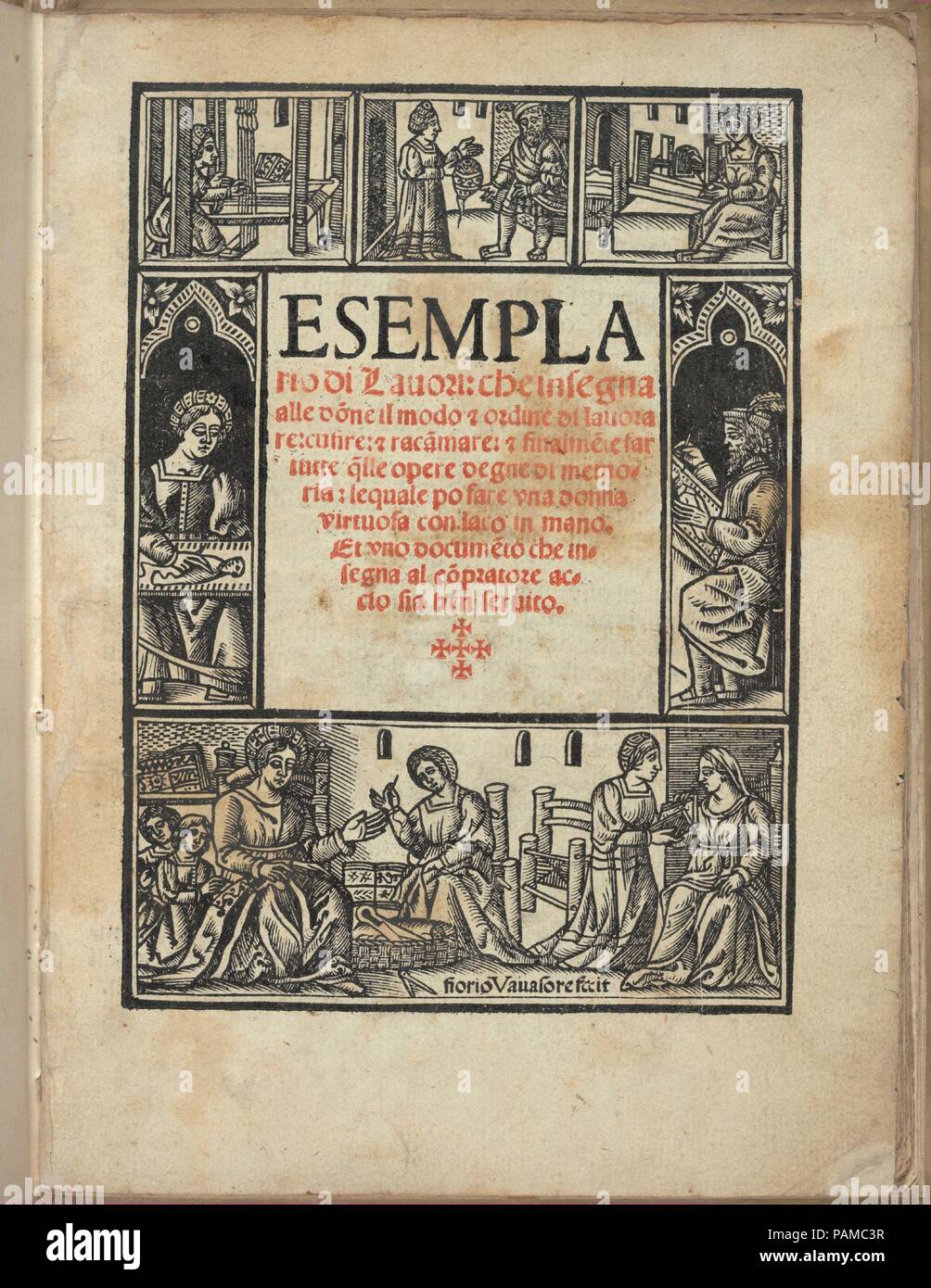Esemplario di Lauori..., title page (recto). Designer: Woodcut title signed by Florio Vavassore (Italian, active 16th century). Dimensions: Overall: 8 7/16 x 6 5/16 in. (21.5 x 16 cm). Published in: Venice. Publisher: Giovanni Andrea Vavassore (Italian, active Venice 1530-1573) , Venice. Date: August 1, 1532.  Originally published by Giovanni Andrea Vavassore, Italian, active 16th century, Venice, designed by Florio Vavassore (Giovanni's brother), Italian, active 16th century. Reiussed by Macmillan & Co., British, London and New York.  From top to bottom, and left to right:  Title page is comp Stock Photo