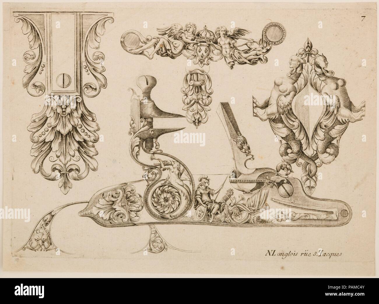 Plate Seven from Plusieurs Models des plus nouuelles manieres qui sont en usage en l'Art de Arquebuzerie. Culture: French, Paris. Dimensions: sheet: 7 1/2 x 5 1/2 in. (19.1 x 14 cm). Engraver: C. Jacquinet (French, Paris, active mid-17th century). Publisher: Thuraine (French, Paris, active mid-17th century); Le Hollandois (French, Paris, active mid-17th century). Date: ca. 1660.  Little is known about the royal gunmakers, Thuraine and Le Hollandois, whose pattern book remains a rare and important document of Parisian gunmaking and the leading style of firearms ornament early in the reign of Lo Stock Photo