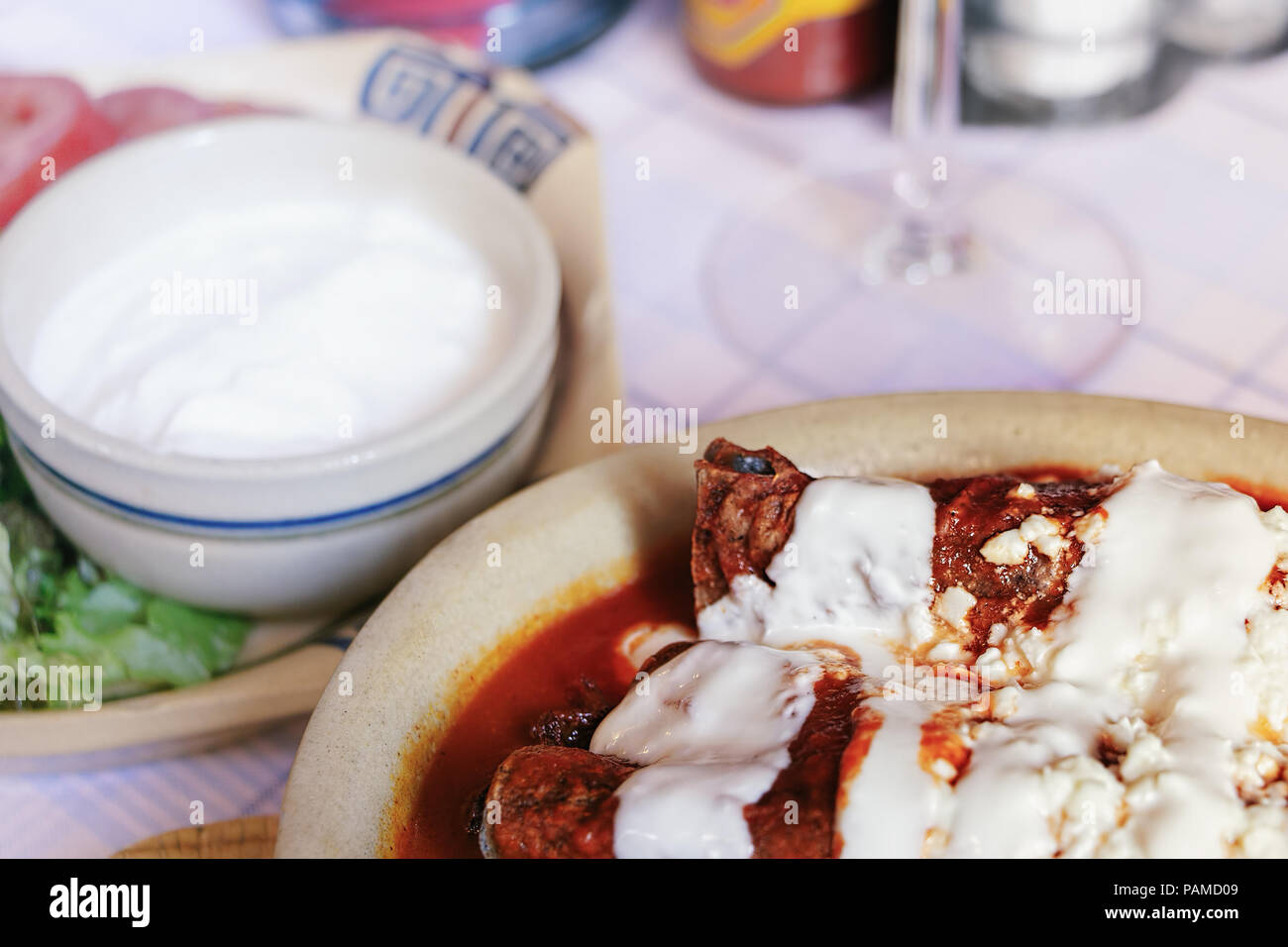 Mexican food or meal in Mexican restaurant, laid table. Stock Photo