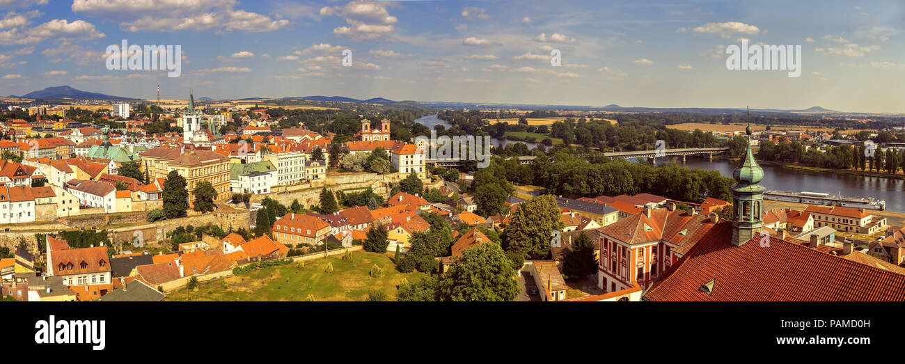 Wide panorama of Litomerice, historic city north of Prague, Check Republic, with Elbe (Labe) river, aerial view. Stock Photo