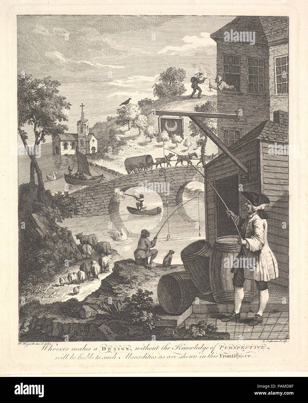 Satire on False Perspective: Frontispiece to 'Kirby's Perspective'. Artist: After William Hogarth (British, London 1697-1764 London). Dimensions: image: 8 1/8 x 6 13/16 in. (20.6 x 17.3 cm)  plate: 8 7/8 x 7 1/4 in. (22.6 x 18.4 cm)  sheet: 9 3/8 x 8 in. (23.8 x 20.3 cm). Engraver: Luke Sullivan (Irish, 1705-1771 London). Subject of book: Related to book by Joshua Kirby (British, Parham, Suffolk 1716-1774 Kew Green, Surrey). Date: February 1754. Museum: Metropolitan Museum of Art, New York, USA. Stock Photo