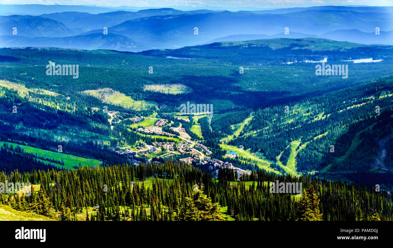 View of the alpine village of Sun Peaks from a hiking trail on Tod