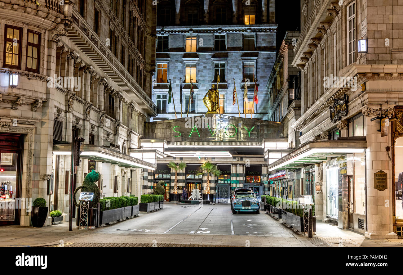 The Savoy Hotel at Night London UK Stock Photo