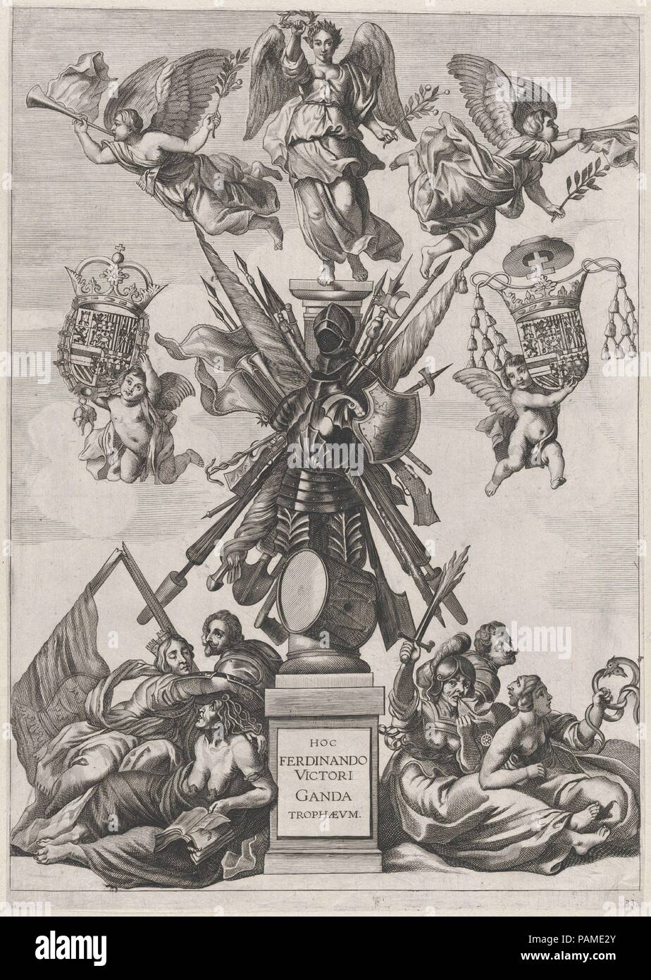 Plate 33: Armorial trophy on a Tuscan column, surrounded by allegorical figures and cherubs bearing the armorial shields of Ferdinand; from Guillielmus Becanus's 'Serenissimi Principis Ferdinandi, Hispaniarum Infantis...'. Dimensions: Sheet (Trimmed): 17 3/8 × 12 5/16 in. (44.1 × 31.2 cm). Published in: Antwerp. Publisher: Johannes Meursius (Flemish, active 1620-47). Date: 1636.  On January 28, 1635, the city of Ghent celebrated the entry of Cardinal-Infante Ferdinand of Spain, the recently appointed governor of the Southern Netherlands. A group of Flemish artists were commissioned to create p Stock Photo