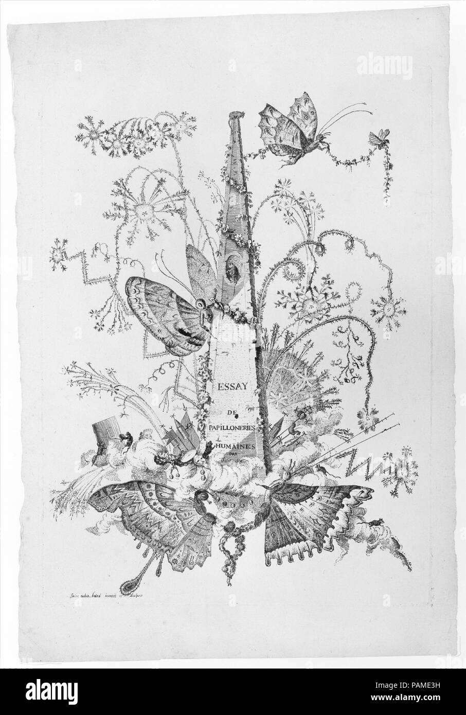 Title page from Essai de Papilloneries Humaines par Saint Aubin. Artist: Charles Germain de Saint-Aubin (French, Paris 1721-1786 Paris). Dimensions: plate: 12 13/16 x 9 5/16 in. (32.5 x 23.7 cm)  sheet: 15 5/8 x 10 9/16 in. (39.7 x 26.8 cm). Date: ca. 1756-60. Museum: Metropolitan Museum of Art, New York, USA. Stock Photo