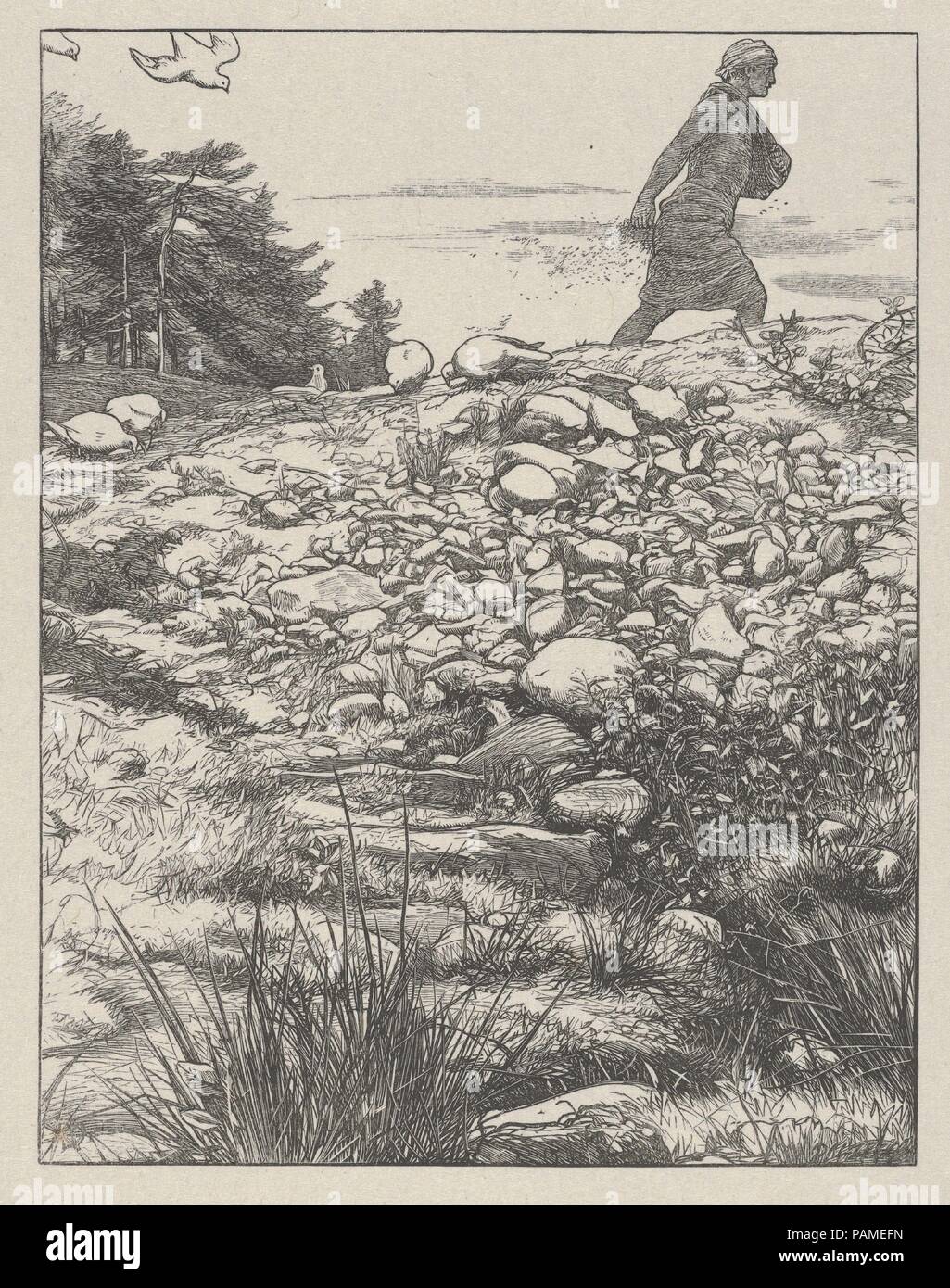 The Sower (The Parables of Our Lord and Saviour Jesus Christ). Artist: After Sir John Everett Millais (British, Southampton 1829-1896 London). Dimensions: image: 5 1/2 x 4 5/16 in. (13.9 x 10.9 cm)  sheet: 7 5/16 x 6 1/16 in. (18.6 x 15.4 cm). Engraver: Dalziel Brothers (British, active 1839-1893). Date: 1864.  It took Millais seven years to design twenty images inspired by New Testament Parables for the Dalziel Brothers, and the resulting prints are considered pinnacles of wood engraved illustration. The artist wrote to his publishers, 'I can do ordinary drawings as quickly as most men, but t Stock Photo