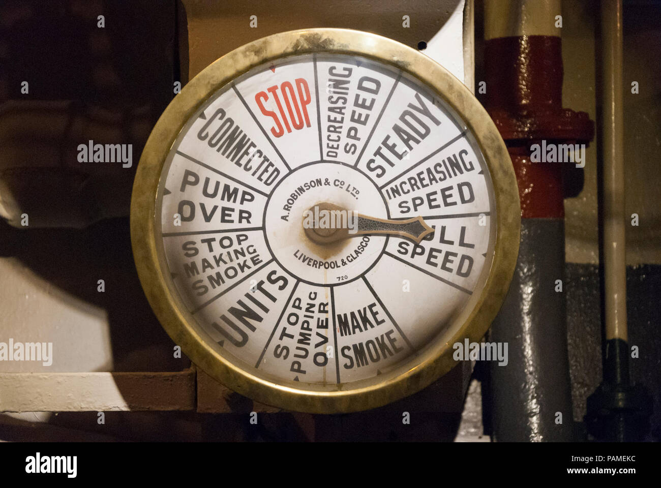 An engine speed dial on the Second World War warship the HMS Belfast, an iconic London landmark and now a museum and a popular tourist attraction Stock Photo