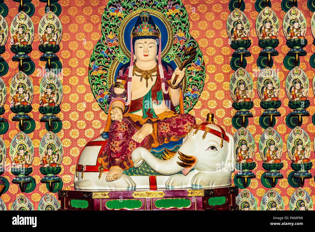 One hundred Buddha statues line this wall on the first floor of the