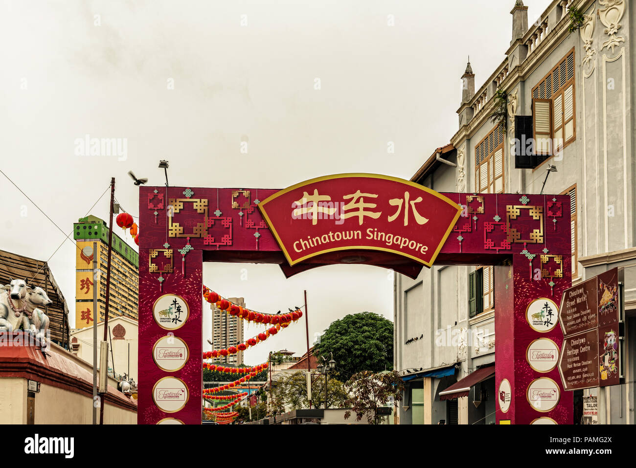 Singapore - January 12, 2018: View at the old colonial houses in the part of Singapore called Chinatown. Stock Photo