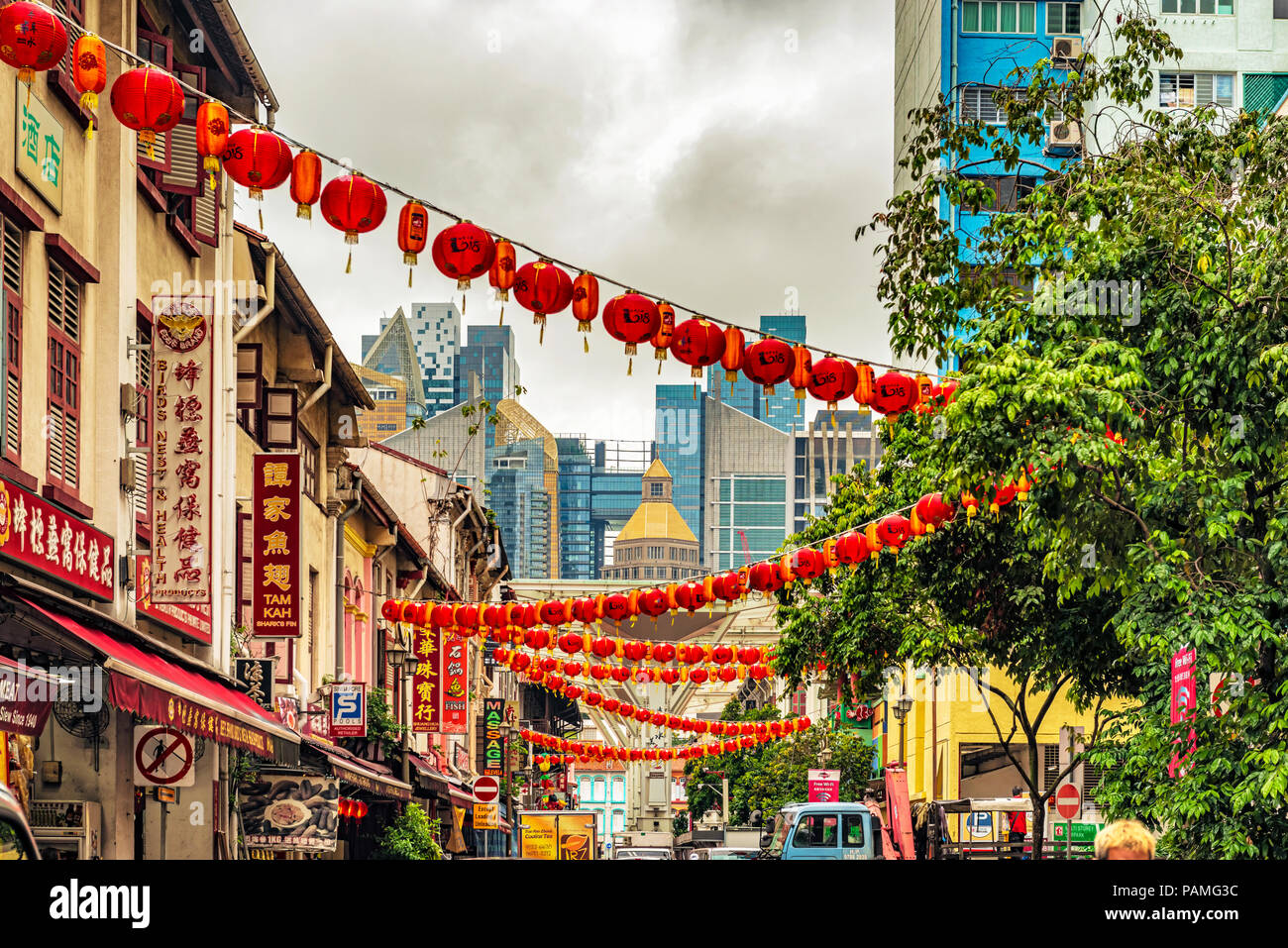 Singapore - January 12, 2018: Signs at the street with the old colonial houses in the part of Singapore called Chinatown. Stock Photo