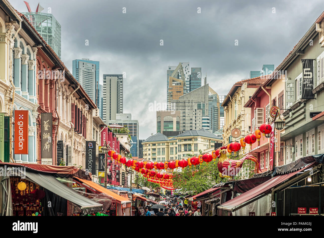 Singapore - January 12, 2018: View at the old colonial houses in the part of Singapore called Chinatown. Stock Photo