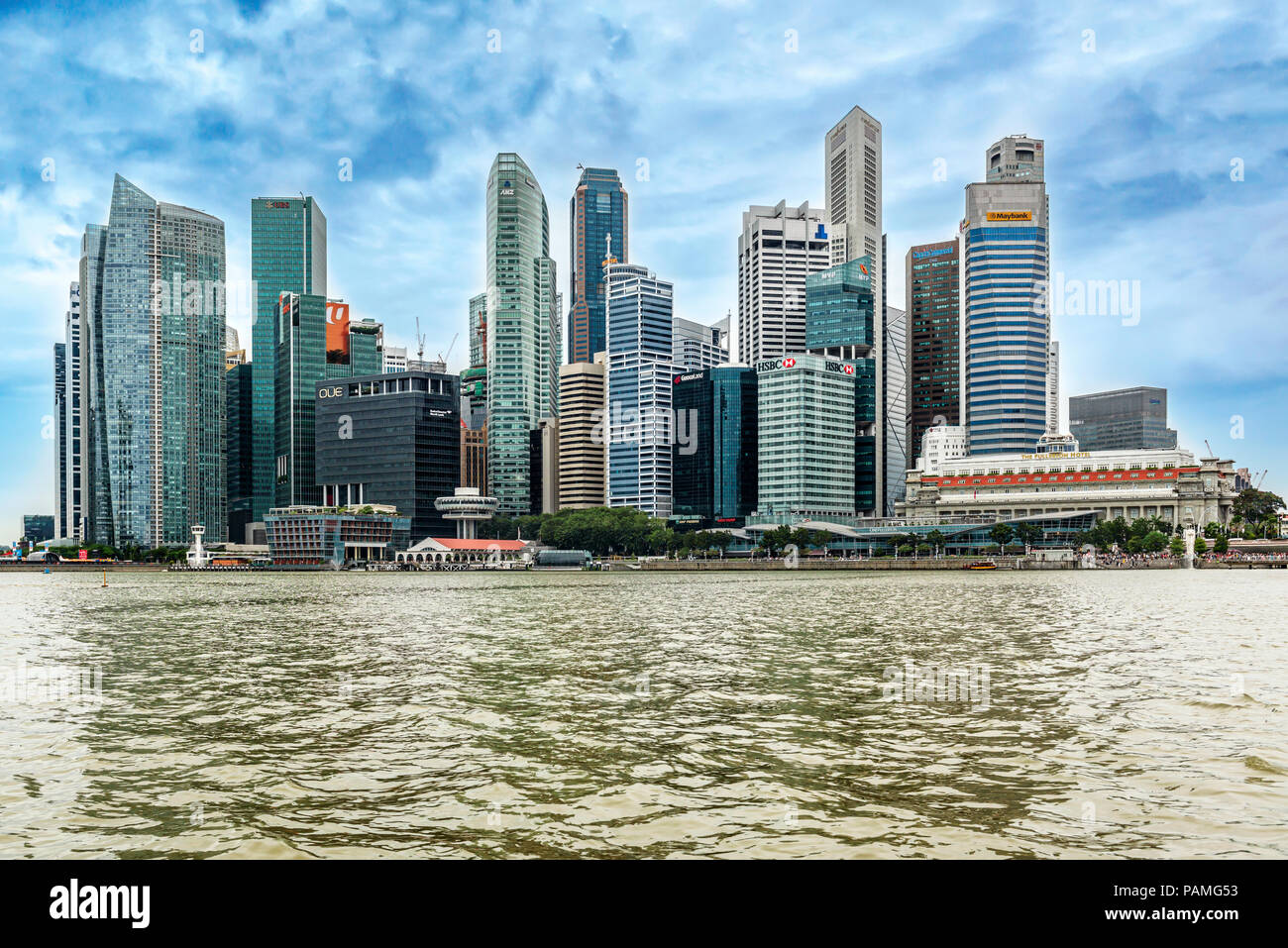 Singapore - Jan 14, 2018: Landscape view at downtown skyscrapers skyline as viewed from over Marina Bay in Singapore. Stock Photo