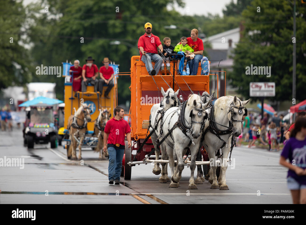 Peru, Indiana, USA July 21, 2018 Two horses pulling a Circus wagon at