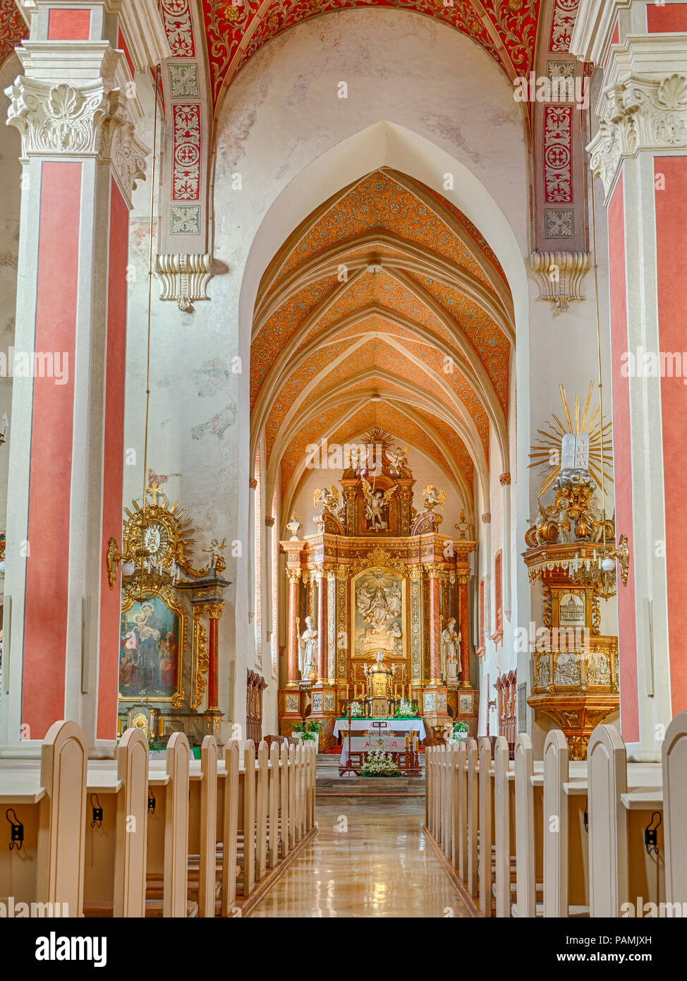 Interior of the Franciscan church of the Holy Trinity and the Assumption of the Blessed Virgin Mary in Opole, Poland Stock Photo