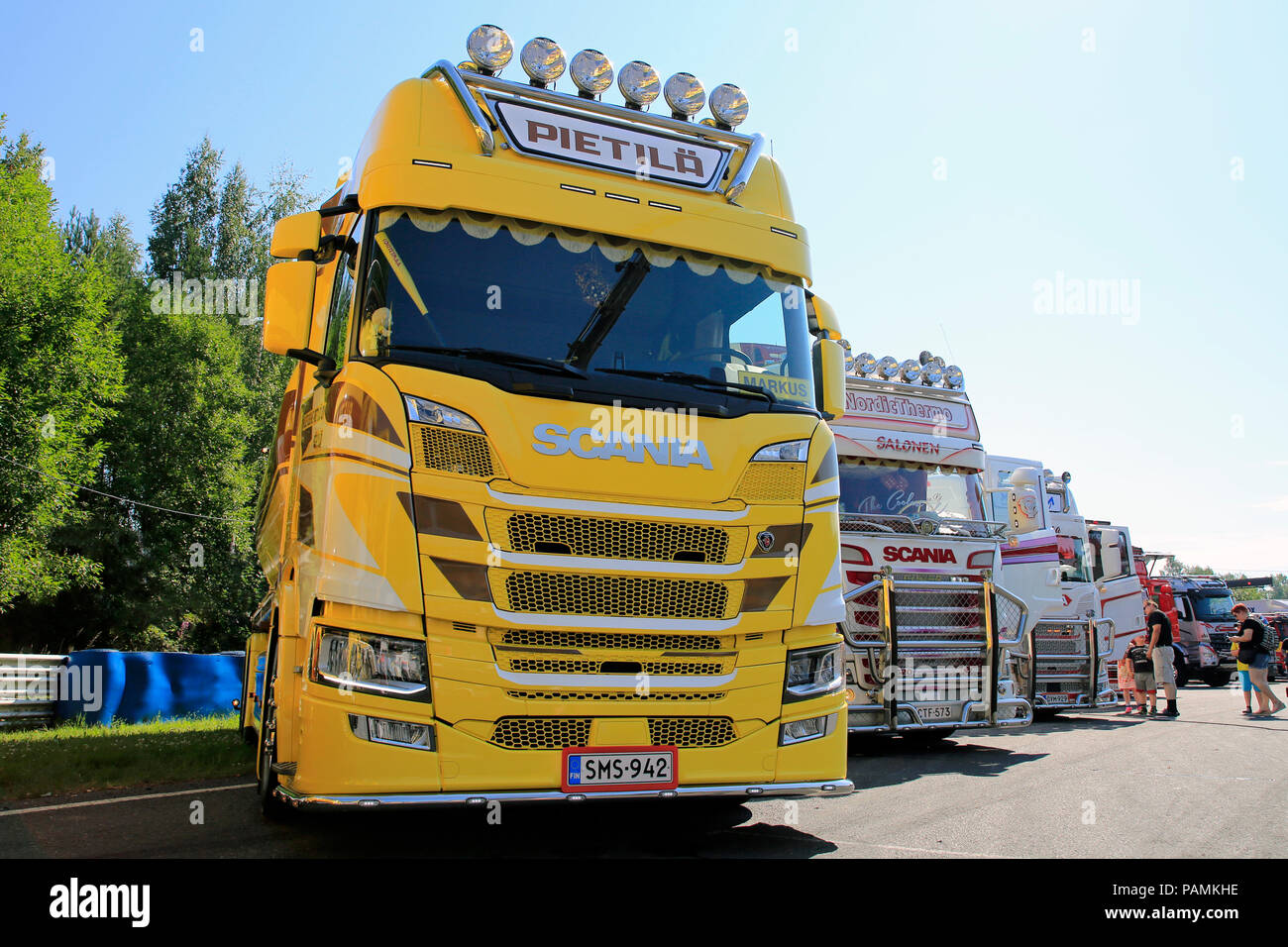 Yellow Next Generation Scania truck of Kuljetusliike Pietila Oy on Tawastia Truck Weekend 2018, public event. Hameenlinna, Finland - July 14, 2018. Stock Photo