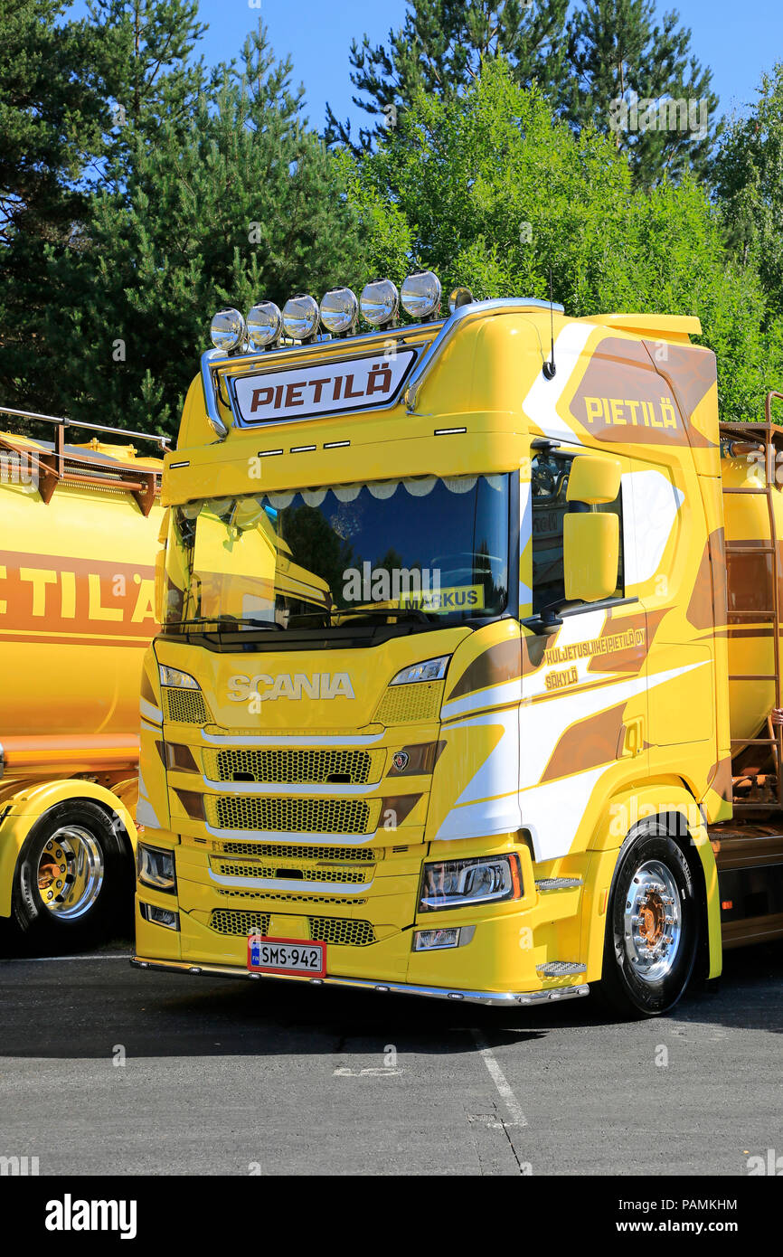 Yellow Next Generation Scania truck of Kuljetusliike Pietila Oy on Tawastia Truck Weekend 2018, public event. Hameenlinna, Finland - July 14, 2018. Stock Photo