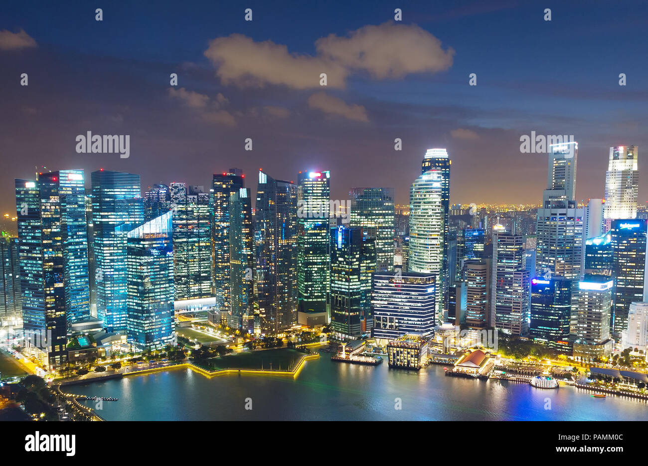 Skyline of Singapore Downtown at night. Aerial view Stock Photo