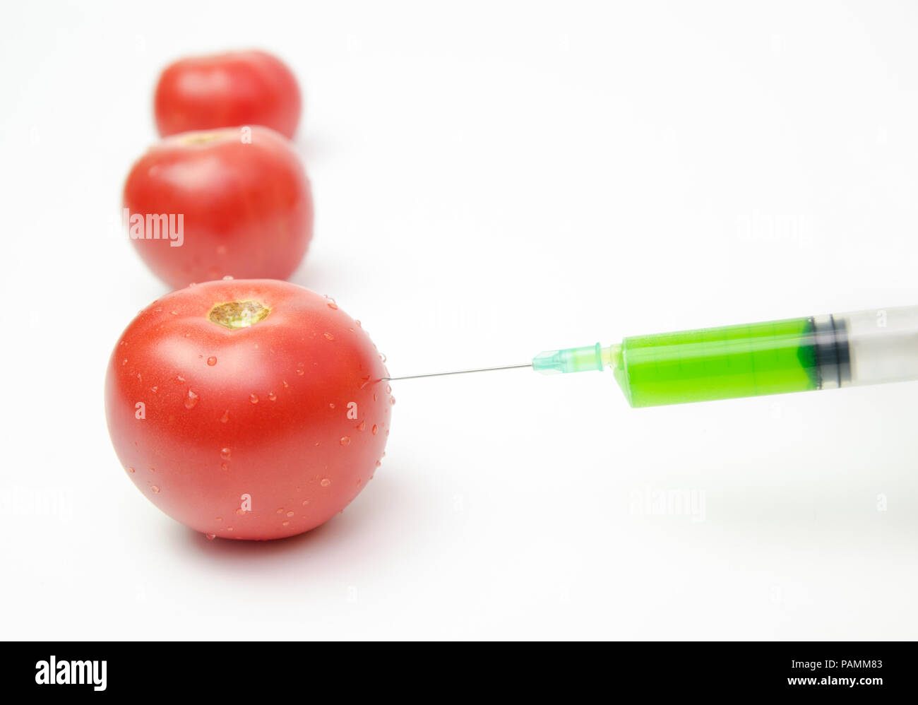 Tomatoes being injected with toxic artificial growth substances Stock