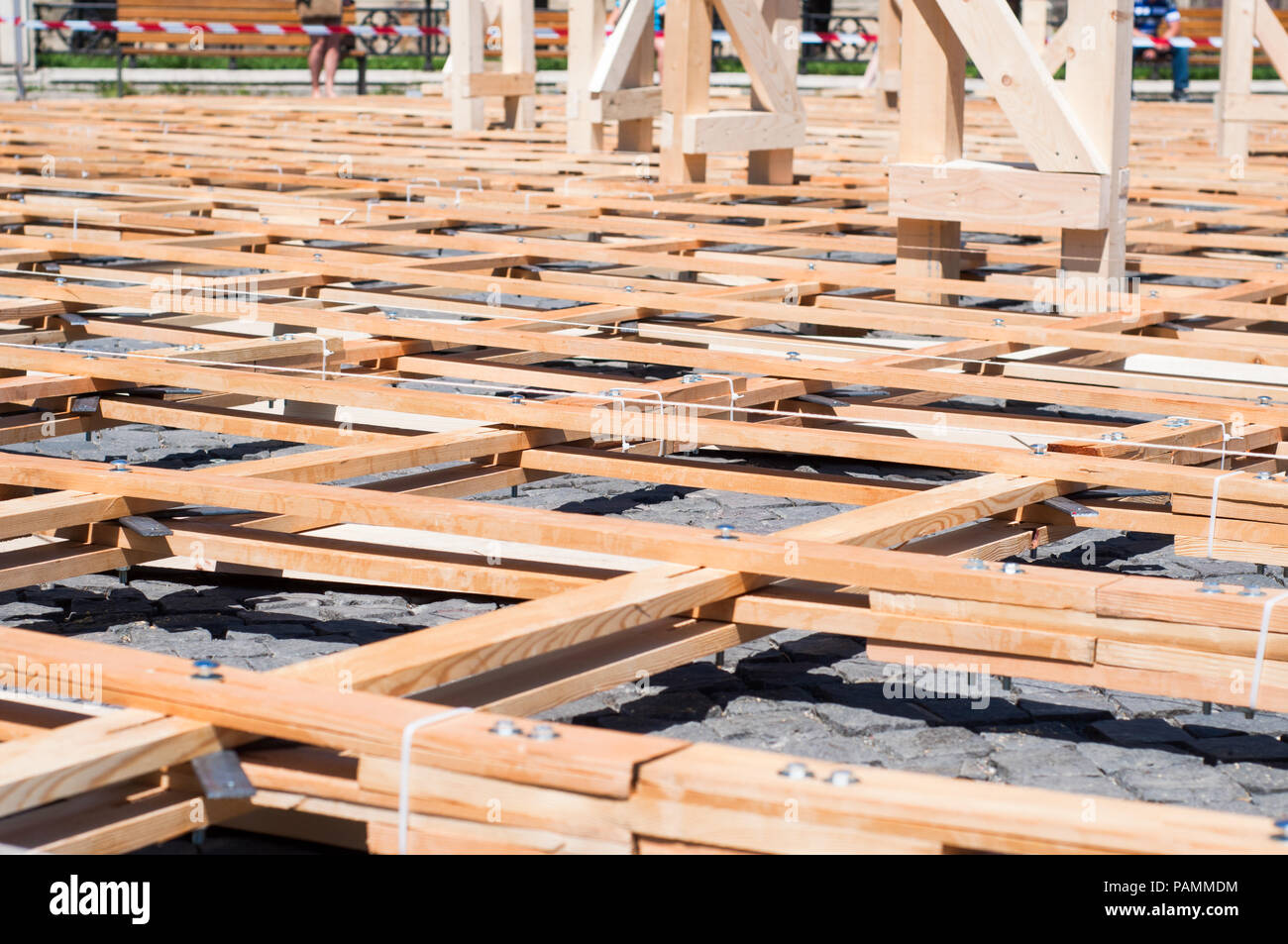 Wood planks with bolted joists from a parametric pavillion Stock Photo