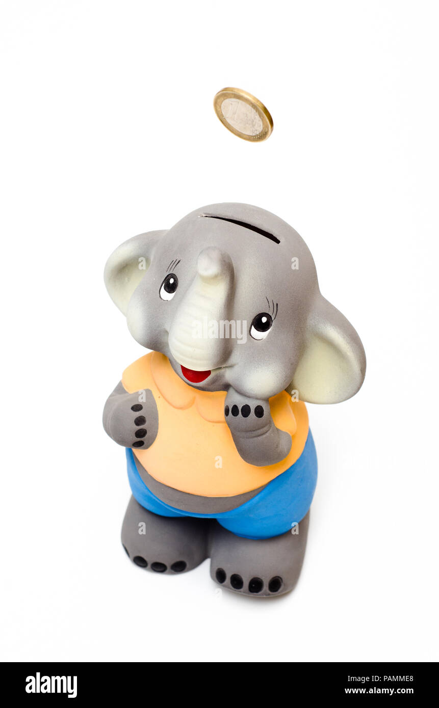 Smilling sweet elephant piggy bank with coin falling into it Stock ...