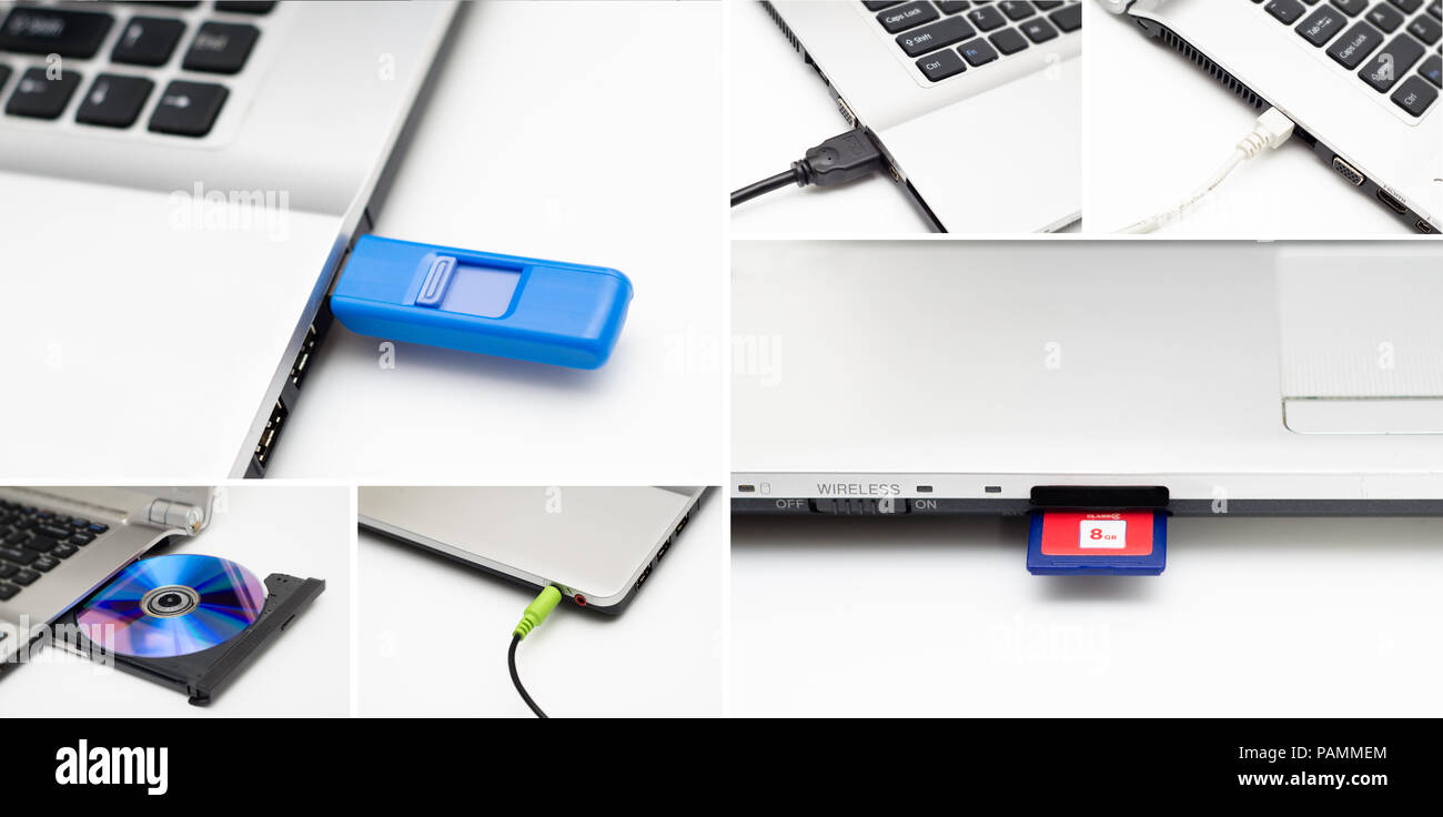 A cololage of laptop peripherials usb stick hdmi port sd card cd drive jack Stock Photo