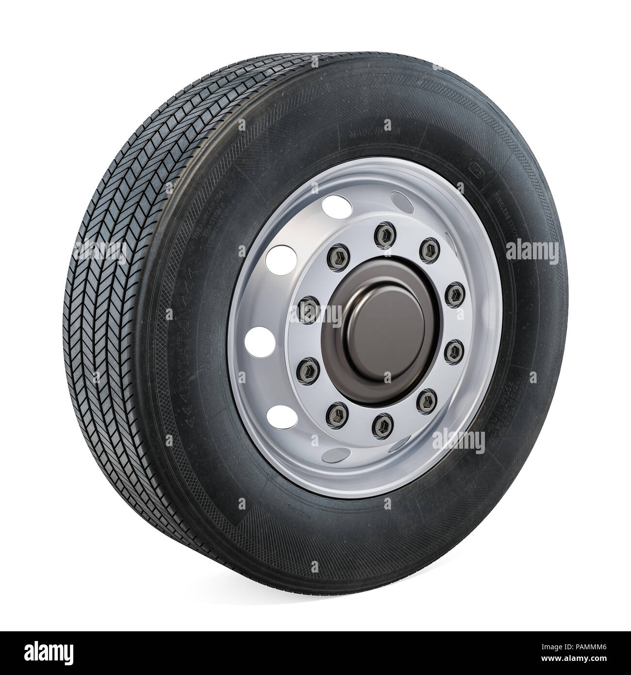 Truck Wheel closeup, 3D rendering isolated on black background Stock Photo