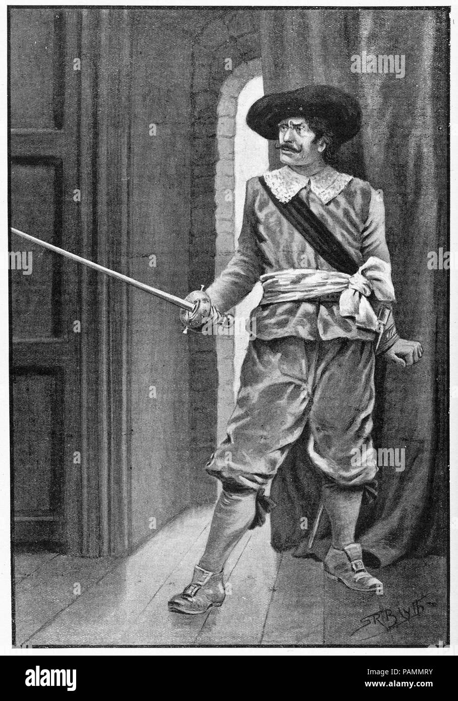 halftone of a palace guard wielding a sword. From Young England, An Illustrated Monthly for Boys, 1903. Stock Photo