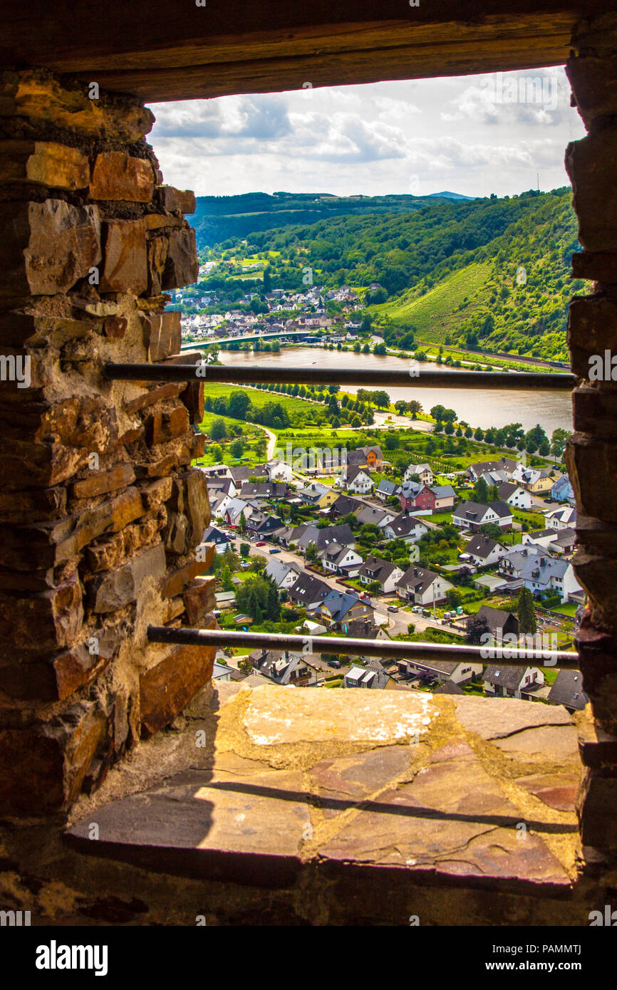 panoramic view out of a castle window over the village Alken an wineyards in the valley of River Mosel, Germany Stock Photo