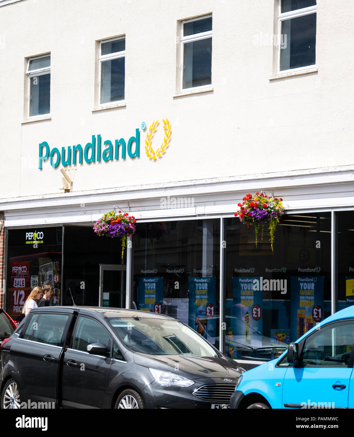 Lymington, United Kingdom - July 22 2018:   The front of Poundland shop in the High Street Stock Photo