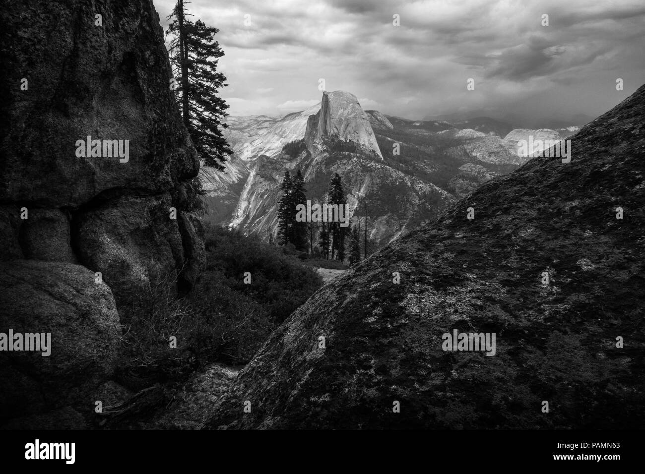 Thunderstorms over Half Dome and Yosemite Valley - Black and White Taken from Wawona (Glacier Point Road) - Yosemite National Park Stock Photo