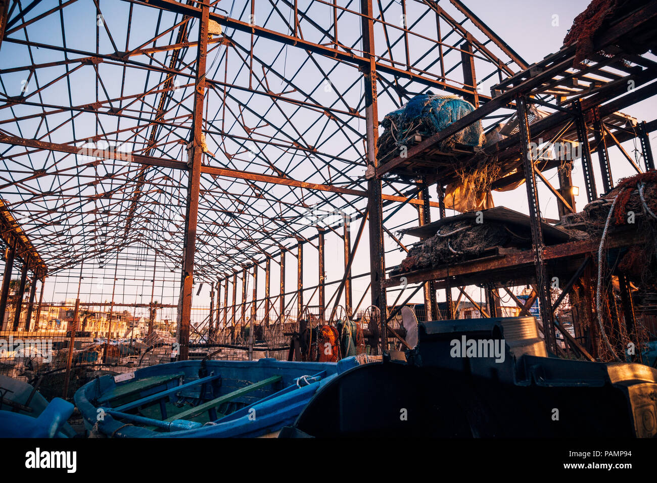 the wire frame of a derelict shipyard warehouse in Jaffa Port, Tel Aviv-Yafo, Israel Stock Photo