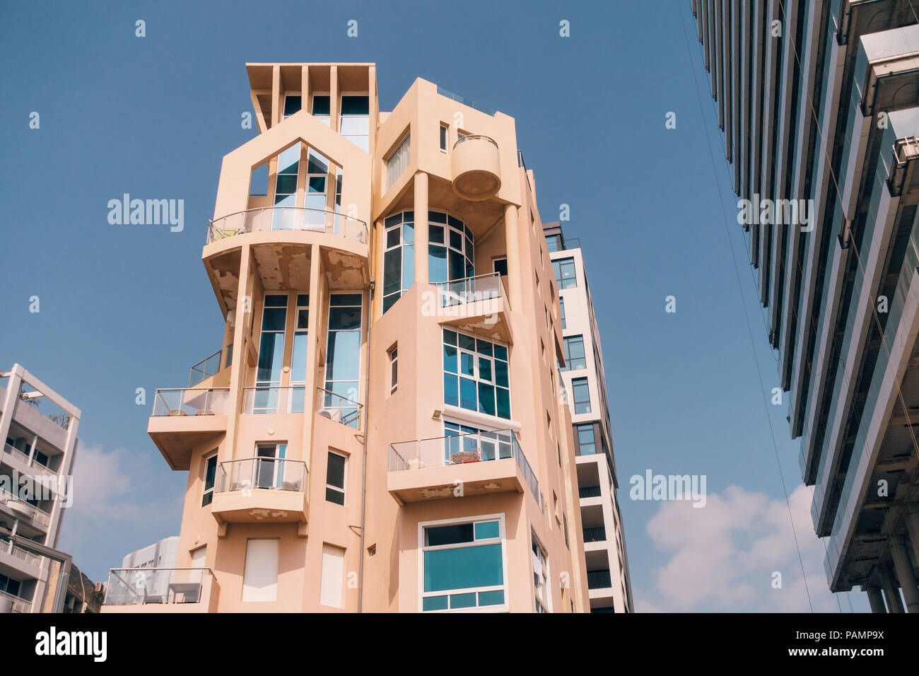 an eccentric architectural style of an apartment block on Trumpeldor Street, Tel Aviv, Israel Stock Photo