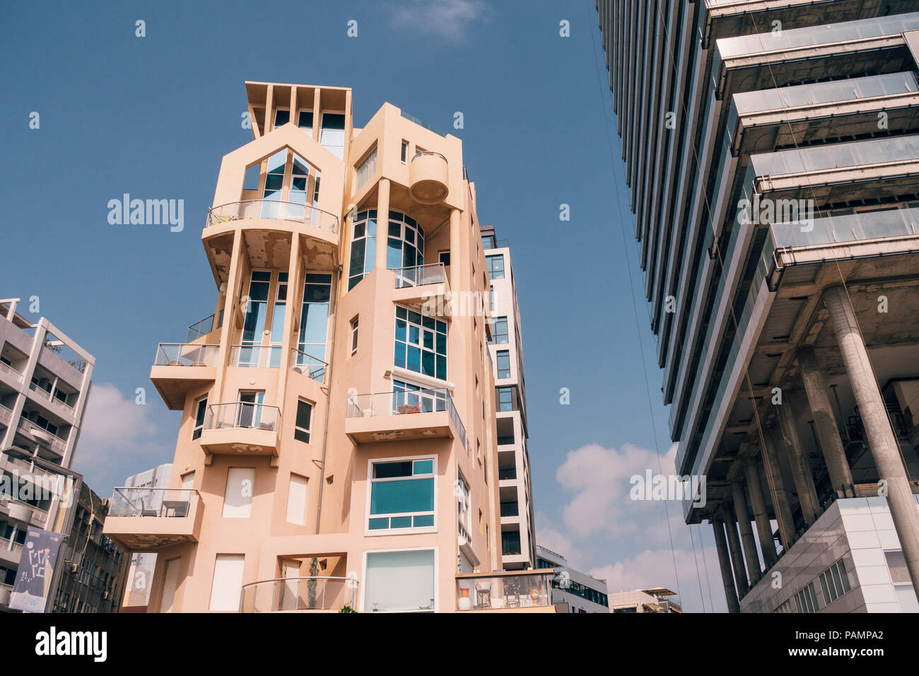 an eccentric architectural style of an apartment block on Trumpeldor Street, Tel Aviv, Israel Stock Photo