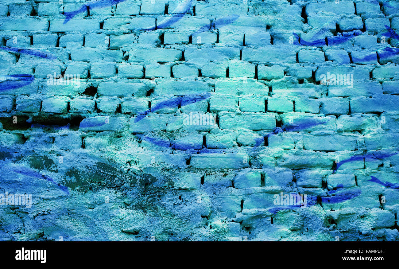 Digital background art made with photo collage technique. Blue fish flock and white brick wall are used. Stock Photo