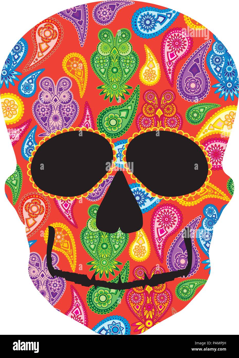 Human skull head silhouette with paisley floral owl colorful pattern front profile illustration Stock Vector