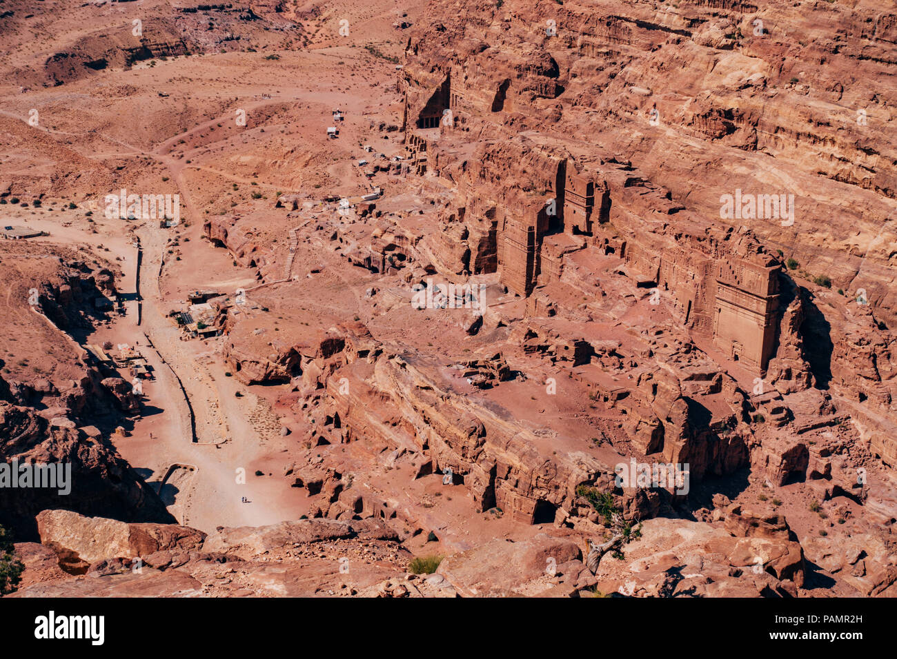 an aerial view looking down at the tombs into the Lost City of Petra, Jordan Stock Photo