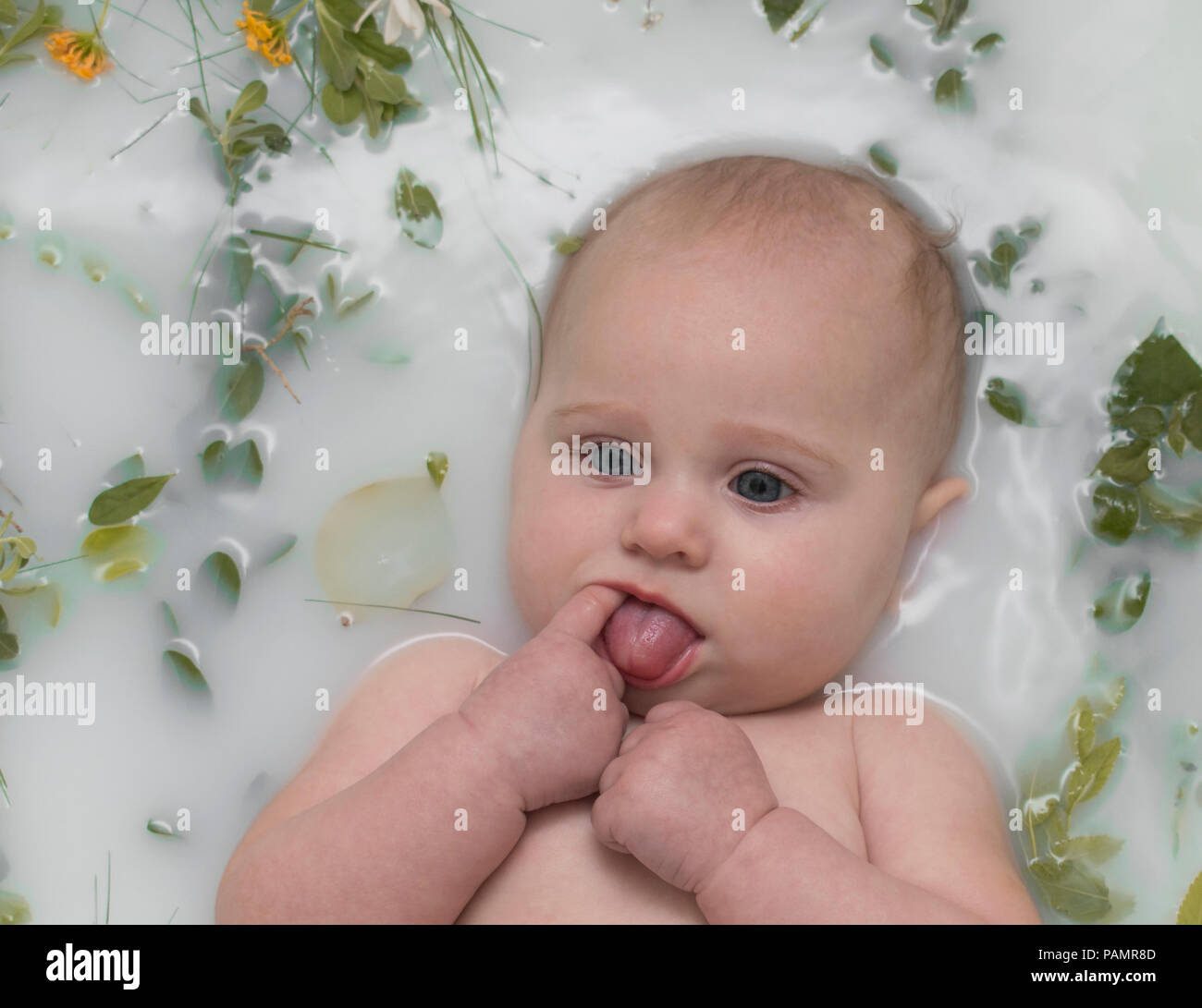 Baby in Milk Bath Stock Photo Alamy