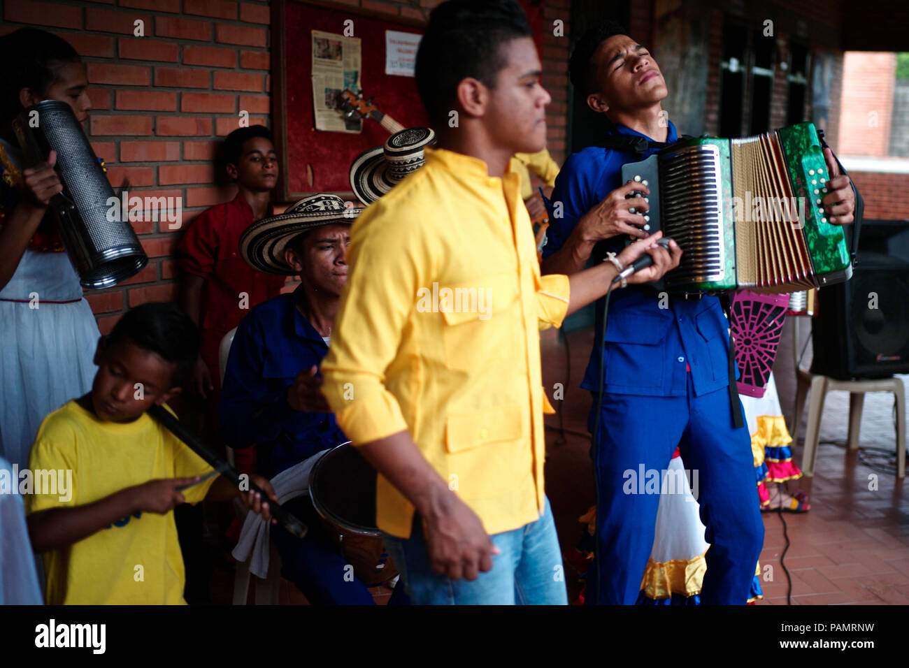 Andres ‘Turco’ Gil’s accordion academy trains young children in the music of vallenato, many of them are refugees from violence or live in poverty Stock Photo