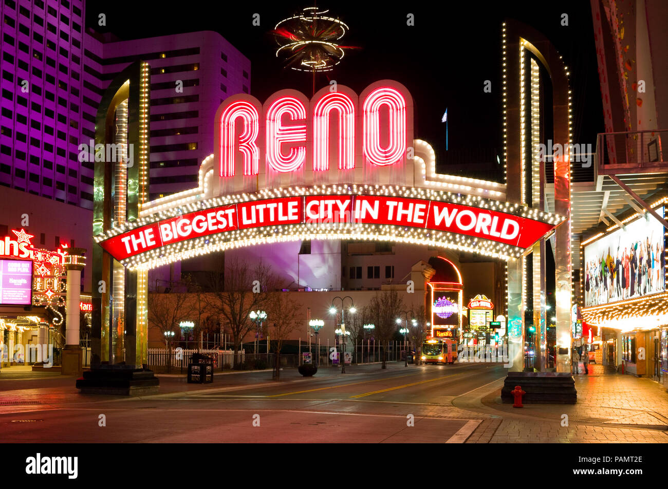 The Reno Arch at night Stock Photo