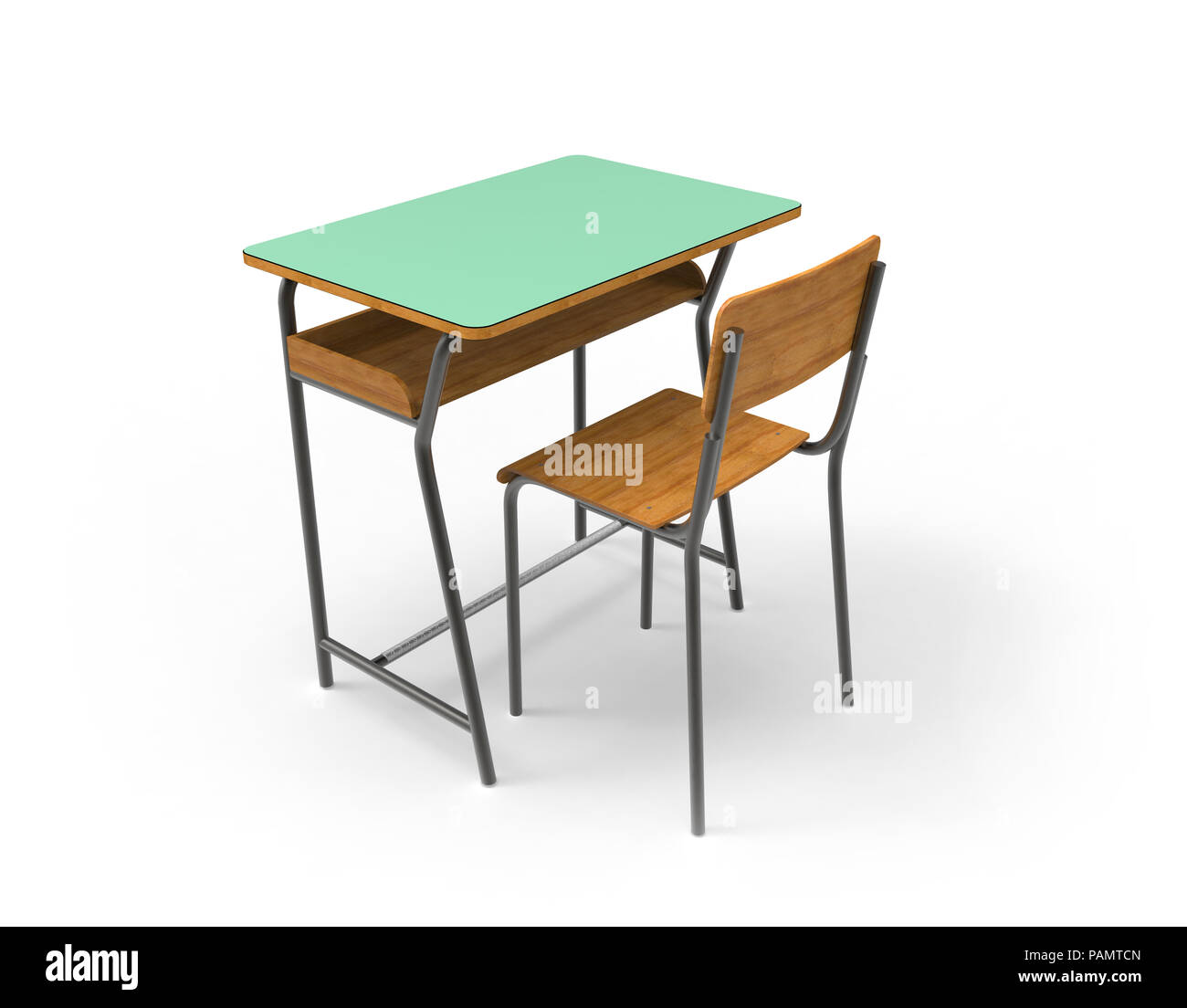 School desk with chair, Isolated on white background. Stock Photo