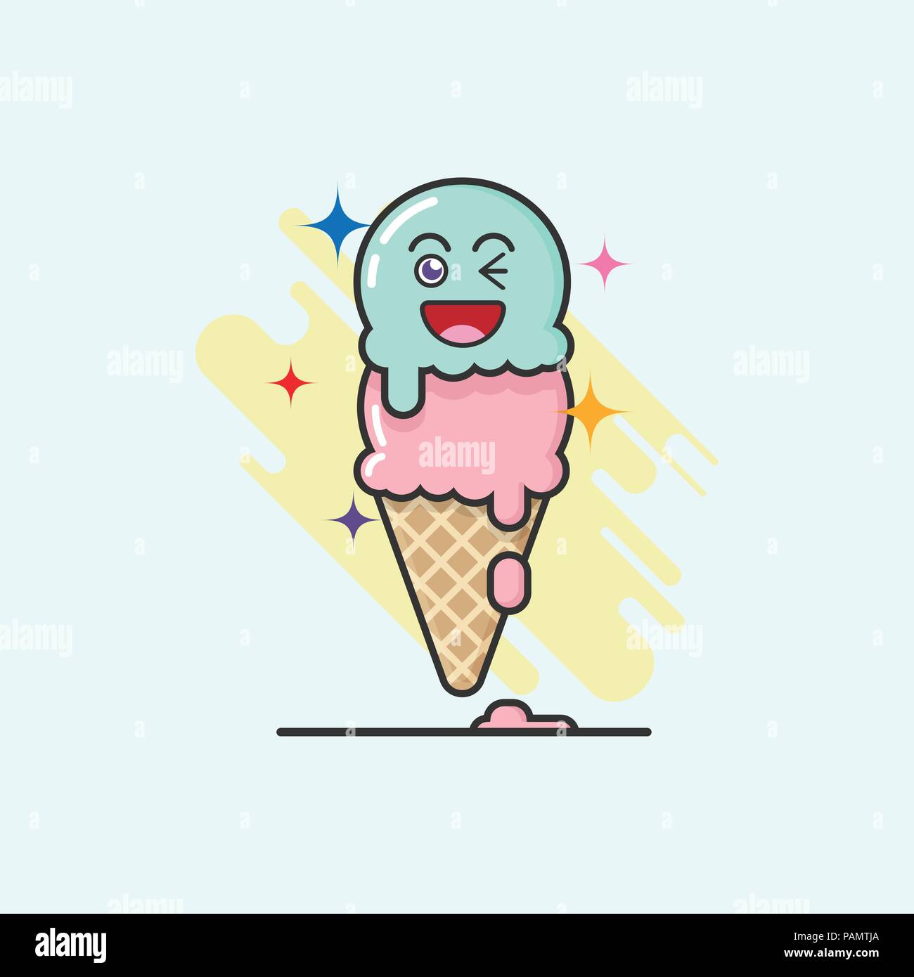 cute cartoon of ice cream cone strawberry and lemon lime flavor on white background with emotion happy face. ice cream line illustration background. c Stock Vector