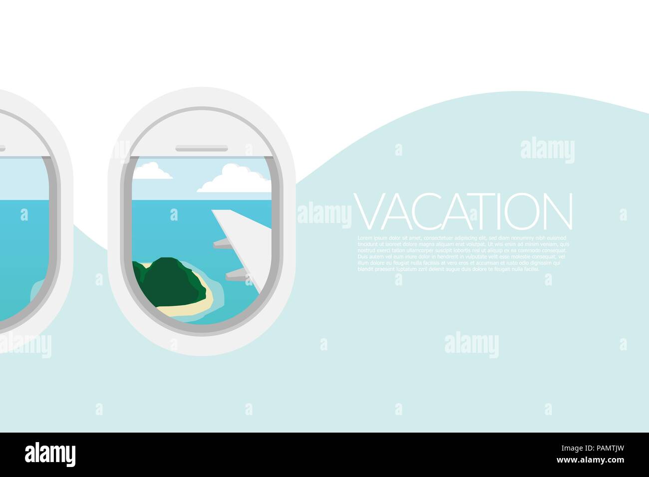 airplane window view. view of tropical island beach from airplane window. destinations for summer vacation Stock Vector